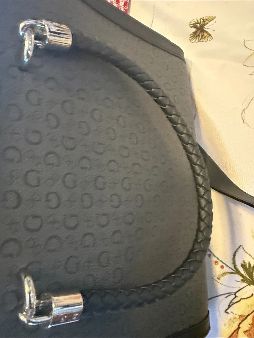 GUESS Black & Gray Monogram Satchel with Braided Handle and Tassels